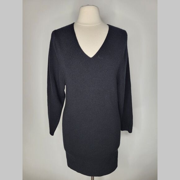 UNIQLO U Black Thick Knit Sweater Dress Size S Wool Blend V-Neck Ribbed Batwing - Picture 1 of 11
